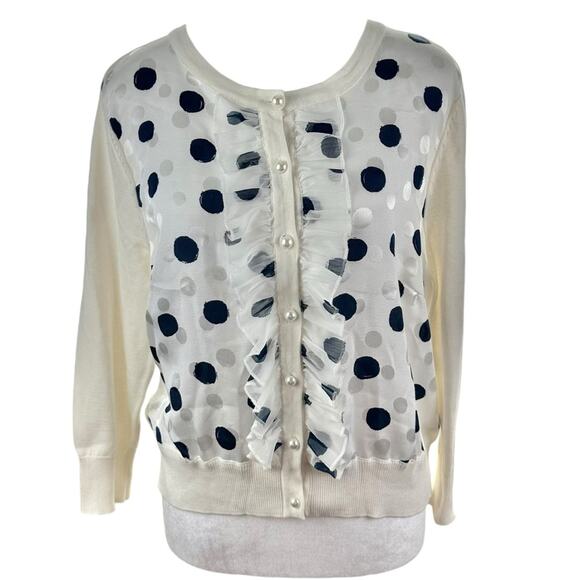 Karl Lagerfeld Paris Polka Dot Ruffle Front Cardigan White Navy Size Large NWT - Picture 1 of 8